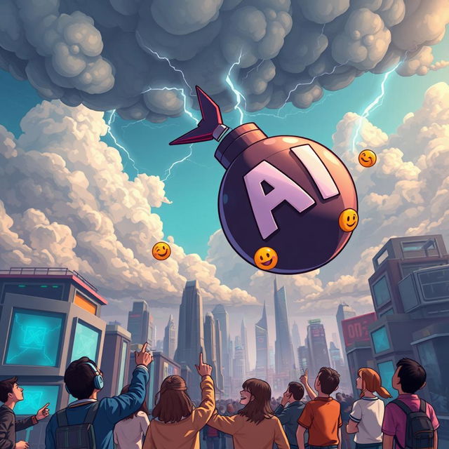 An imaginative and metaphorical scene depicting a giant cartoonish bomb labeled 'AI' falling from the sky, surrounded by dramatic clouds and lightning bolts