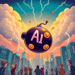 An imaginative and metaphorical scene depicting a giant cartoonish bomb labeled 'AI' falling from the sky, surrounded by dramatic clouds and lightning bolts