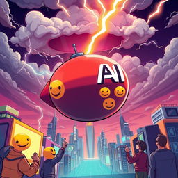 An imaginative and metaphorical scene depicting a giant cartoonish bomb labeled 'AI' falling from the sky, surrounded by dramatic clouds and lightning bolts