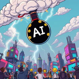 An imaginative and metaphorical scene depicting a giant cartoonish bomb labeled 'AI' falling from the sky, surrounded by dramatic clouds and lightning bolts