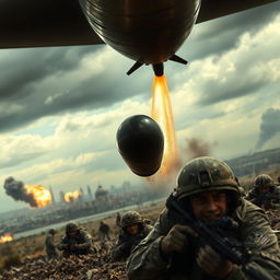 A dramatic scene capturing an intense moment in a war-torn landscape, with a close-up of a bomb falling from an aircraft
