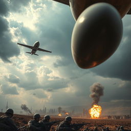 A dramatic scene capturing an intense moment in a war-torn landscape, with a close-up of a bomb falling from an aircraft
