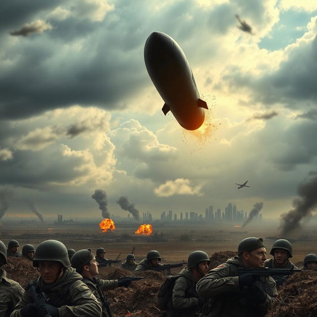 A dramatic scene capturing an intense moment in a war-torn landscape, with a close-up of a bomb falling from an aircraft