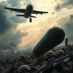 A dramatic scene capturing an intense moment in a war-torn landscape, with a close-up of a bomb falling from an aircraft