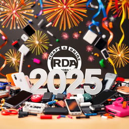 A festive and vibrant New Year 2025 scene featuring the logo of R