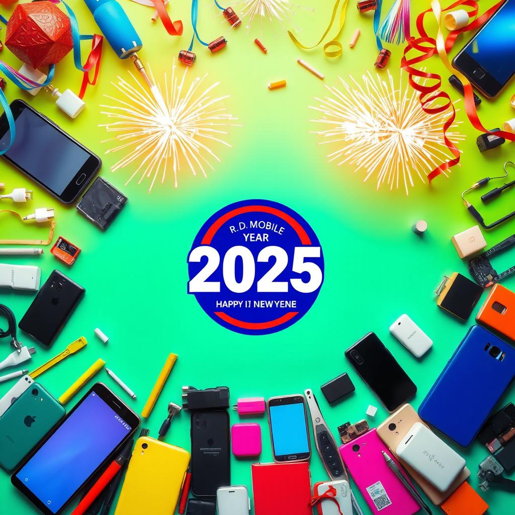 A festive and vibrant New Year 2025 scene featuring the logo of R