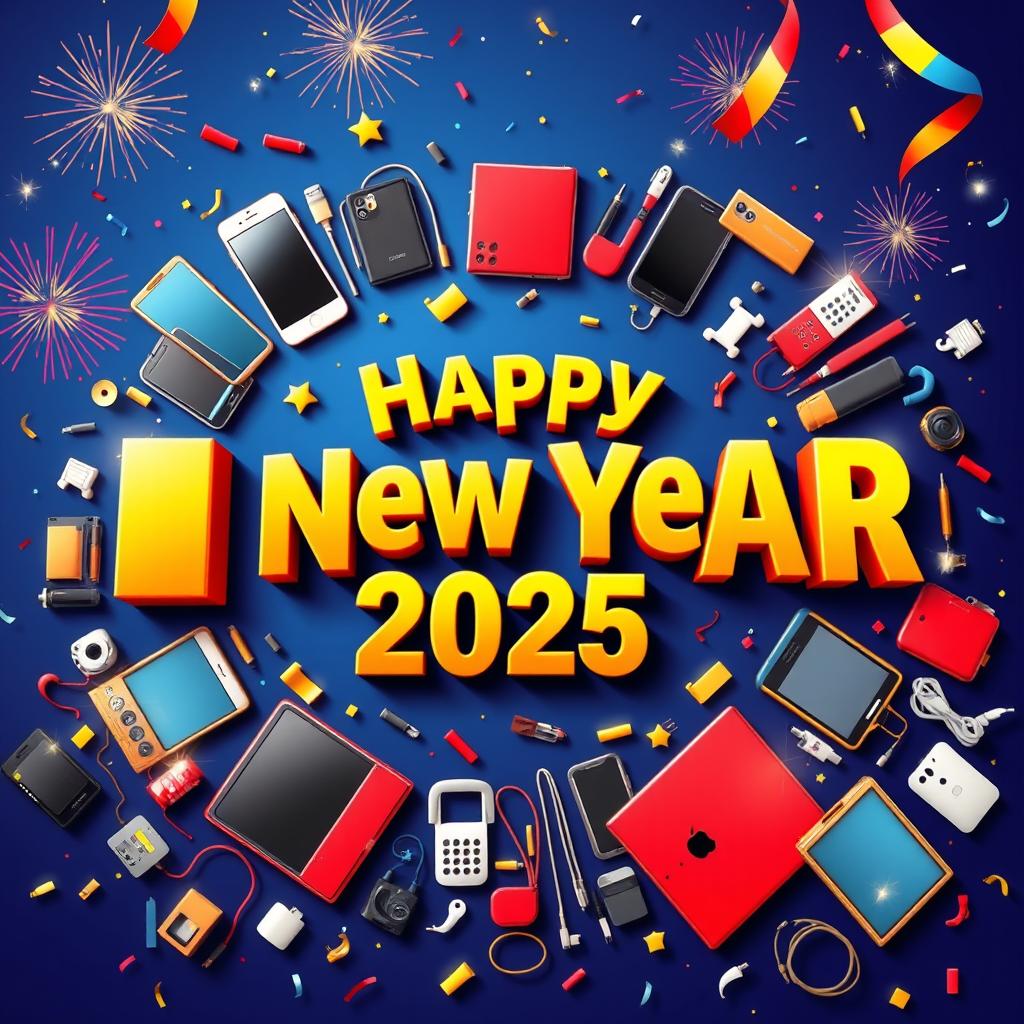 A vibrant and colorful graphic celebrating the New Year 2025 with the theme of mobile technology