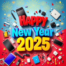 A vibrant and colorful graphic celebrating the New Year 2025 with the theme of mobile technology