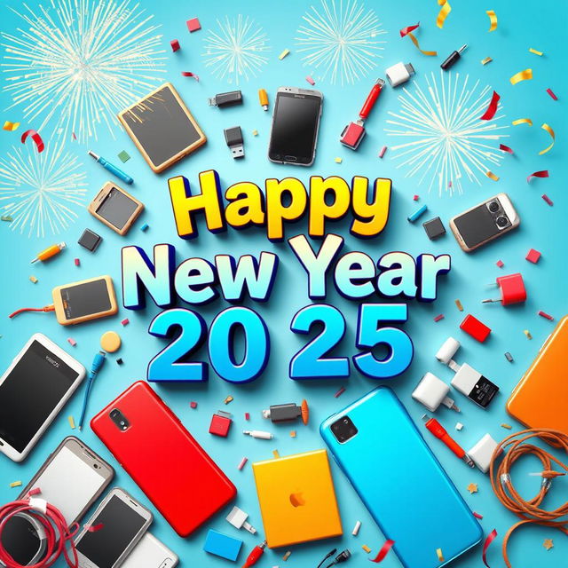 A vibrant and colorful graphic celebrating the New Year 2025 with the theme of mobile technology