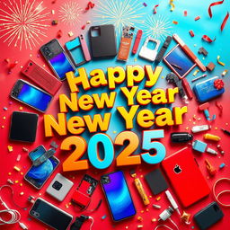 A vibrant and colorful graphic celebrating the New Year 2025 with the theme of mobile technology