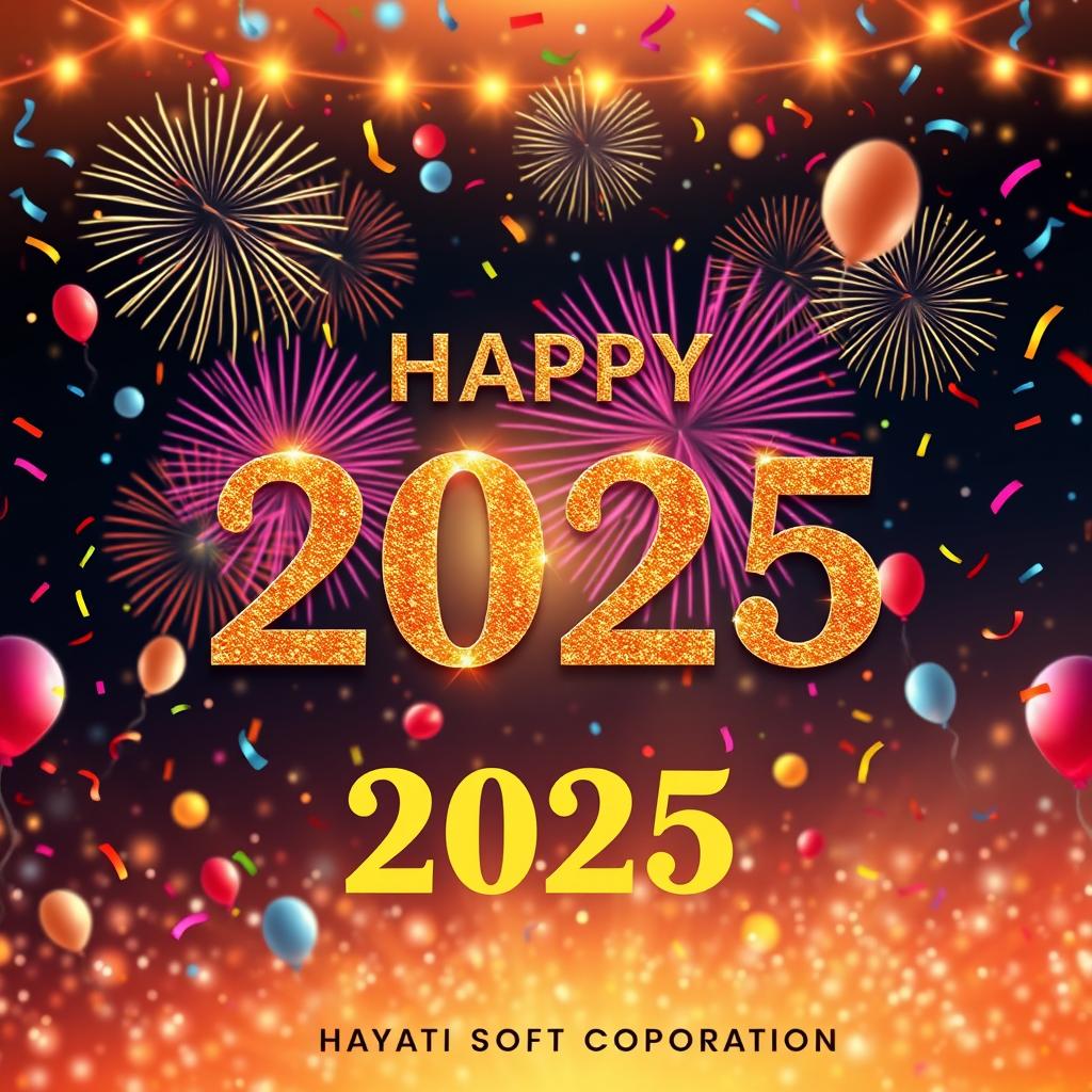 A festive New Year greeting card designed for 2025, featuring vibrant fireworks bursting in the night sky, colorful confetti falling, and playful balloons scattered throughout the scene