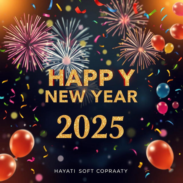 A festive New Year greeting card designed for 2025, featuring vibrant fireworks bursting in the night sky, colorful confetti falling, and playful balloons scattered throughout the scene