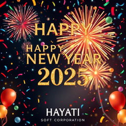 A festive New Year greeting card designed for 2025, featuring vibrant fireworks bursting in the night sky, colorful confetti falling, and playful balloons scattered throughout the scene
