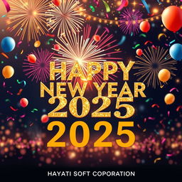 A festive New Year greeting card designed for 2025, featuring vibrant fireworks bursting in the night sky, colorful confetti falling, and playful balloons scattered throughout the scene