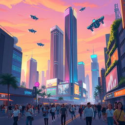 A stylized digital art piece depicting a futuristic cityscape at dusk, featuring towering skyscrapers with neon lights, flying cars, and a vibrant sky transitioning from orange to purple