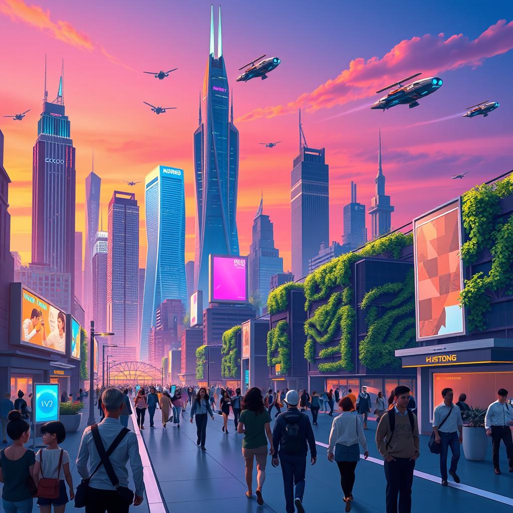 A stylized digital art piece depicting a futuristic cityscape at dusk, featuring towering skyscrapers with neon lights, flying cars, and a vibrant sky transitioning from orange to purple