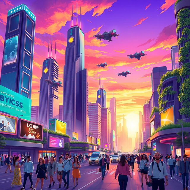 A stylized digital art piece depicting a futuristic cityscape at dusk, featuring towering skyscrapers with neon lights, flying cars, and a vibrant sky transitioning from orange to purple