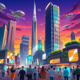 A stylized digital art piece depicting a futuristic cityscape at dusk, featuring towering skyscrapers with neon lights, flying cars, and a vibrant sky transitioning from orange to purple