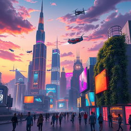 A stylized digital art piece showcasing a futuristic cityscape during twilight, characterized by towering skyscrapers illuminated with vibrant neon lights, flying vehicles zipping through the air, and a dramatic sky transitioning from deep orange to rich purple hues