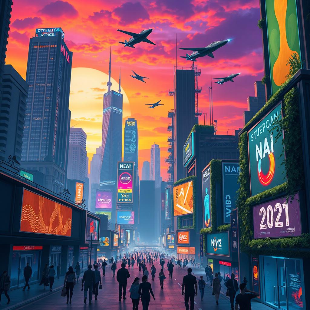 A stylized digital art piece showcasing a futuristic cityscape during twilight, characterized by towering skyscrapers illuminated with vibrant neon lights, flying vehicles zipping through the air, and a dramatic sky transitioning from deep orange to rich purple hues