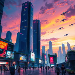A stylized digital art piece showcasing a futuristic cityscape during twilight, characterized by towering skyscrapers illuminated with vibrant neon lights, flying vehicles zipping through the air, and a dramatic sky transitioning from deep orange to rich purple hues