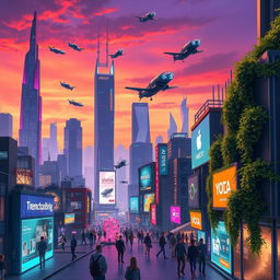 A stylized digital art piece showcasing a futuristic cityscape during twilight, characterized by towering skyscrapers illuminated with vibrant neon lights, flying vehicles zipping through the air, and a dramatic sky transitioning from deep orange to rich purple hues