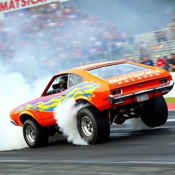 A 1970s Ford Maverick, vividly painted in bright colors, showcasing its muscular build
