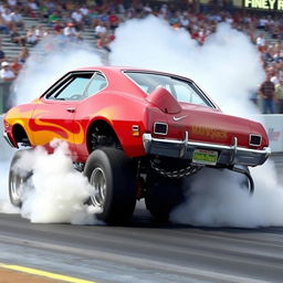 A 1970s Ford Maverick, vividly painted in bright colors, showcasing its muscular build