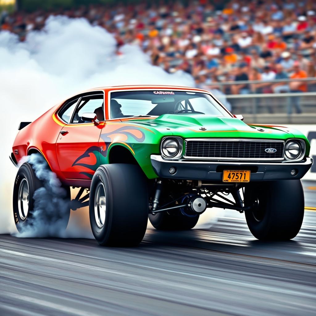 A 1970s Ford Maverick, vividly painted in bright colors, showcasing its muscular build