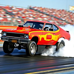 A 1970s Ford Maverick, vividly painted in bright colors, showcasing its muscular build
