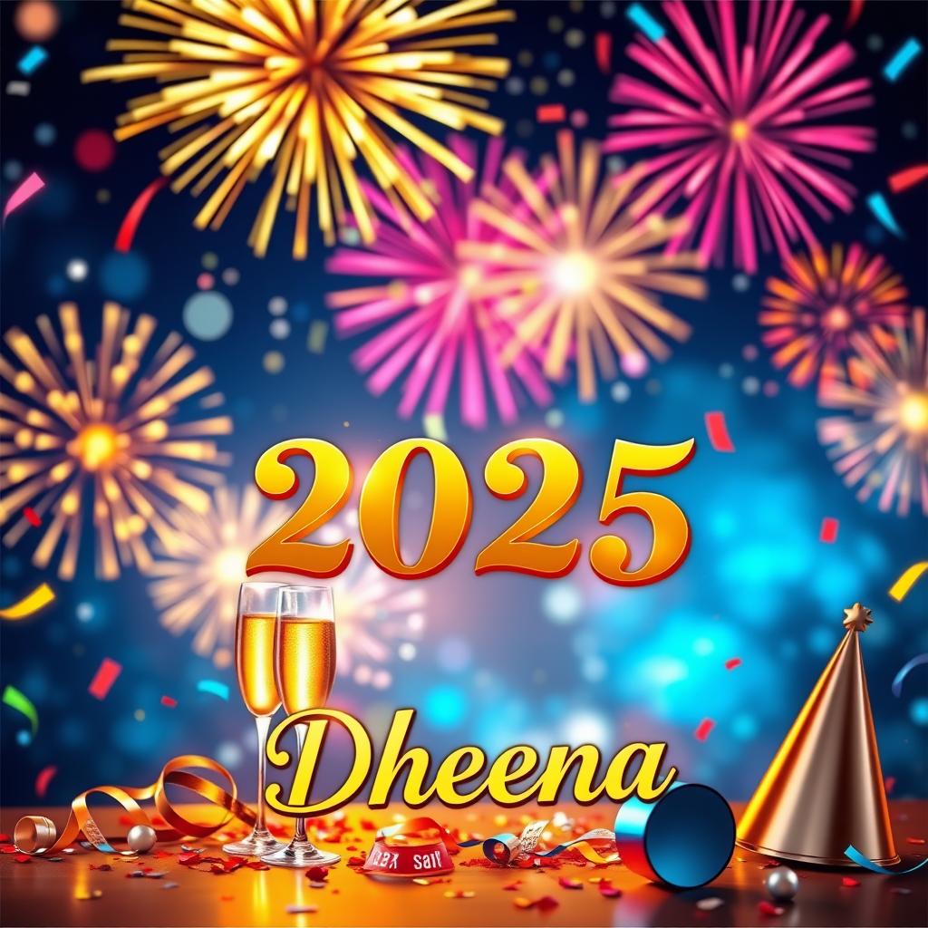 A vibrant 2025 New Year wishes picture featuring the name 'Dheena' prominently displayed in an elegant and cheerful font