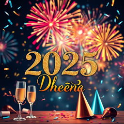 A vibrant 2025 New Year wishes picture featuring the name 'Dheena' prominently displayed in an elegant and cheerful font