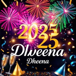 A vibrant 2025 New Year wishes picture featuring the name 'Dheena' prominently displayed in an elegant and cheerful font