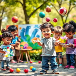 A whimsical scene depicting a diverse group of children, each displaying their unique talents and qualities