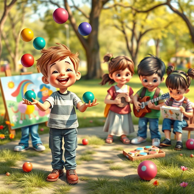 A whimsical scene depicting a diverse group of children, each displaying their unique talents and qualities