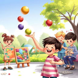A whimsical scene depicting a diverse group of children, each displaying their unique talents and qualities
