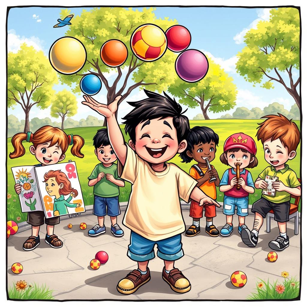 A whimsical scene depicting a diverse group of children, each displaying their unique talents and qualities