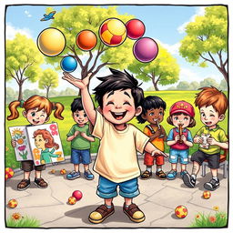 A whimsical scene depicting a diverse group of children, each displaying their unique talents and qualities