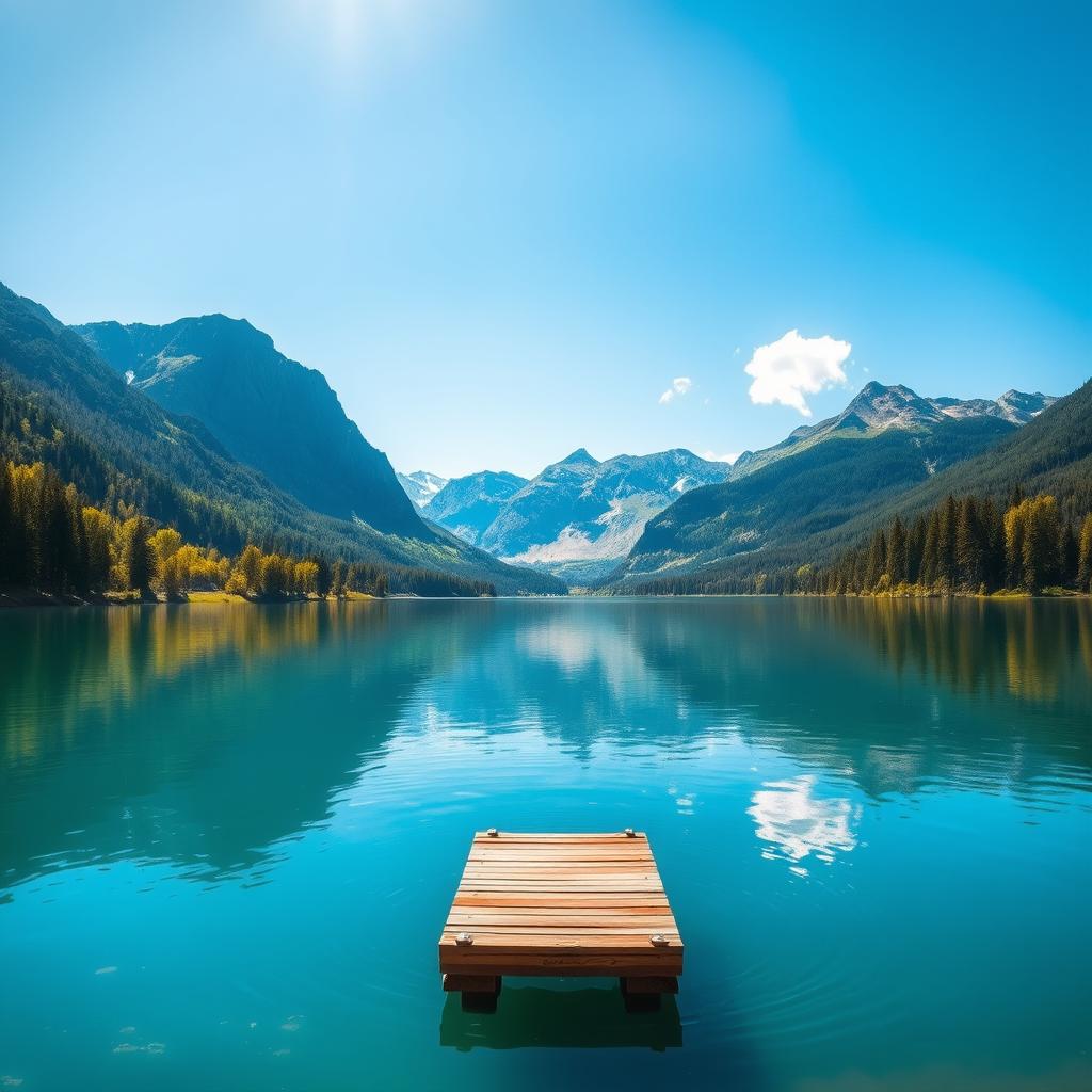 A serene landscape depicting a tranquil lake surrounded by majestic mountains under a bright blue sky