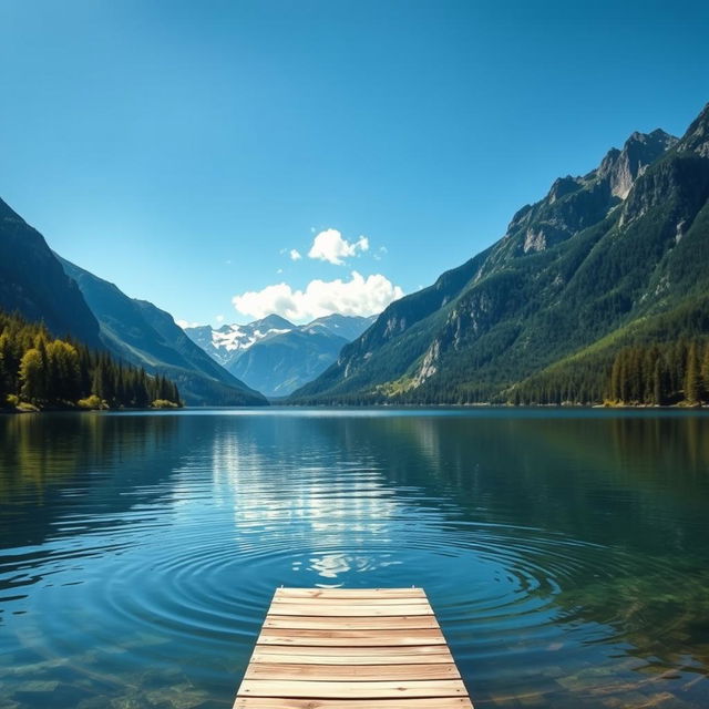 A serene landscape depicting a tranquil lake surrounded by majestic mountains under a bright blue sky