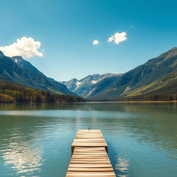 A serene landscape depicting a tranquil lake surrounded by majestic mountains under a bright blue sky