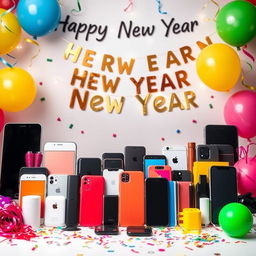A festive Happy New Year celebration photo featuring mobile parts and accessories
