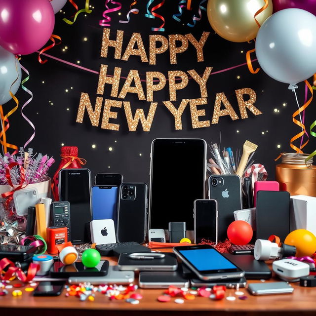 A festive Happy New Year celebration photo featuring mobile parts and accessories