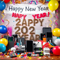 A festive Happy New Year celebration photo featuring mobile parts and accessories