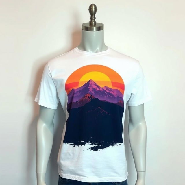 A mannequin wearing a stylish graphic t-shirt with a vibrant design, showcasing a breathtaking sunset over a mountain range