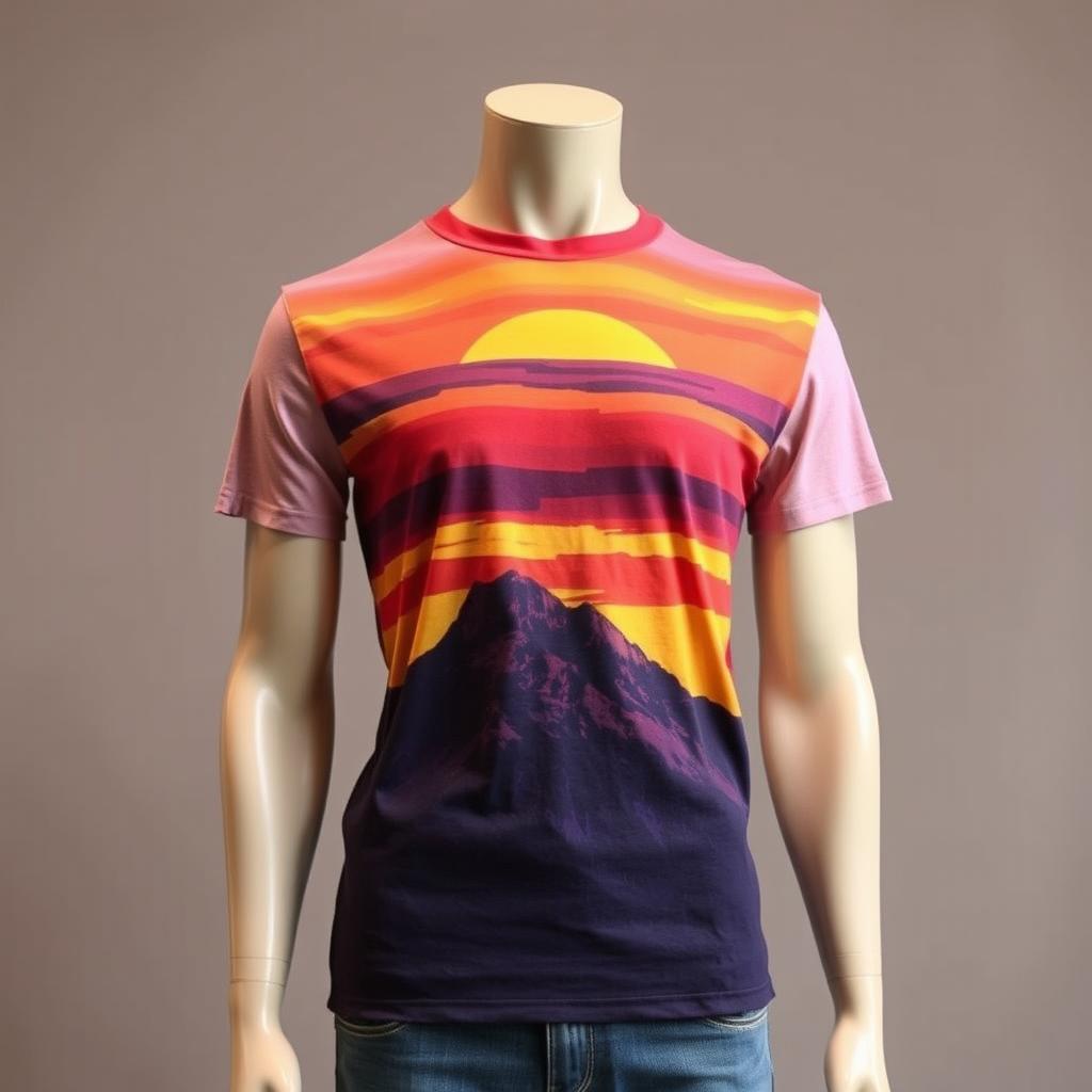A mannequin wearing a stylish graphic t-shirt with a vibrant design, showcasing a breathtaking sunset over a mountain range