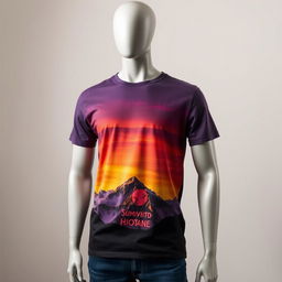 A mannequin wearing a stylish graphic t-shirt with a vibrant design, showcasing a breathtaking sunset over a mountain range