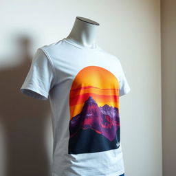 A mannequin wearing a stylish graphic t-shirt with a vibrant design, showcasing a breathtaking sunset over a mountain range