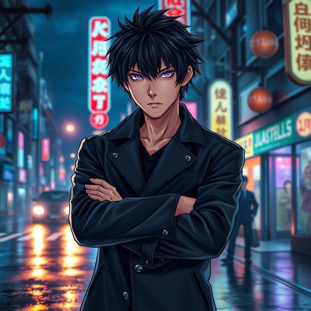 A captivating light novel cover featuring a young adult male with shaggy black hair and striking purple eyes