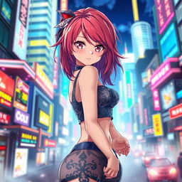 A highly attractive anime girl with vibrant hair and striking eyes, in a captivating pose